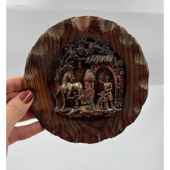 Vintage Wooden Carved Round Wall Hanging Decor Metal Copper Tone Blacksmith - Picture 3 of 8